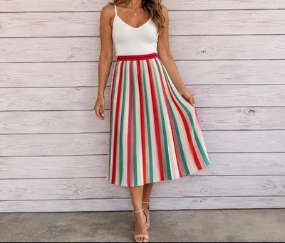 J Crew Sunburst Pleated Skirt Womens 6 Multicolor Watermelon Stripe Back Zip A4 | eBay US