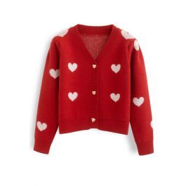 Soft Heart Cropped Knit Cardigan in Red | Chicwish