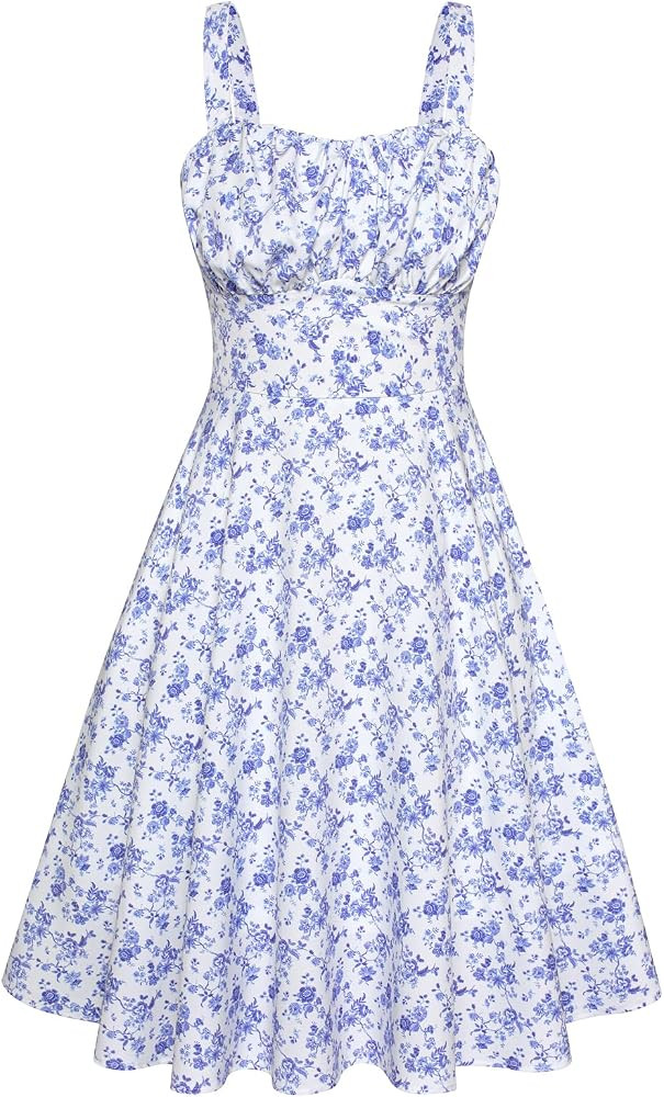 Belle Poque Women's Vintage Sleeveless Solid Floral Ruched Summer Cute A-Line Flowy Swing Midi Dr... | Amazon (US)