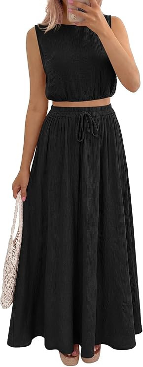 PRETTYGARDEN 2 Piece Sets for Women Summer Outfits 2026 Fashion Cotton Sleeveless Crop Top Long M... | Amazon (US)