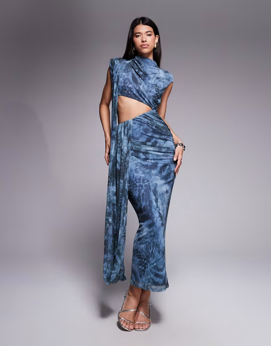 ASOS DESIGN printed mesh drape cut out maxi dress in floral animal print-Multi | ASOS (Global)