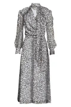 Leopard Tie Neck Long Sleeve Midi Dress | Nordstrom