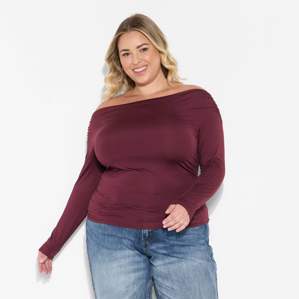Women's Long Sleeve Synthetic Off the Shoulder Party Top - Wild Fable™ Espresso 3X | Target