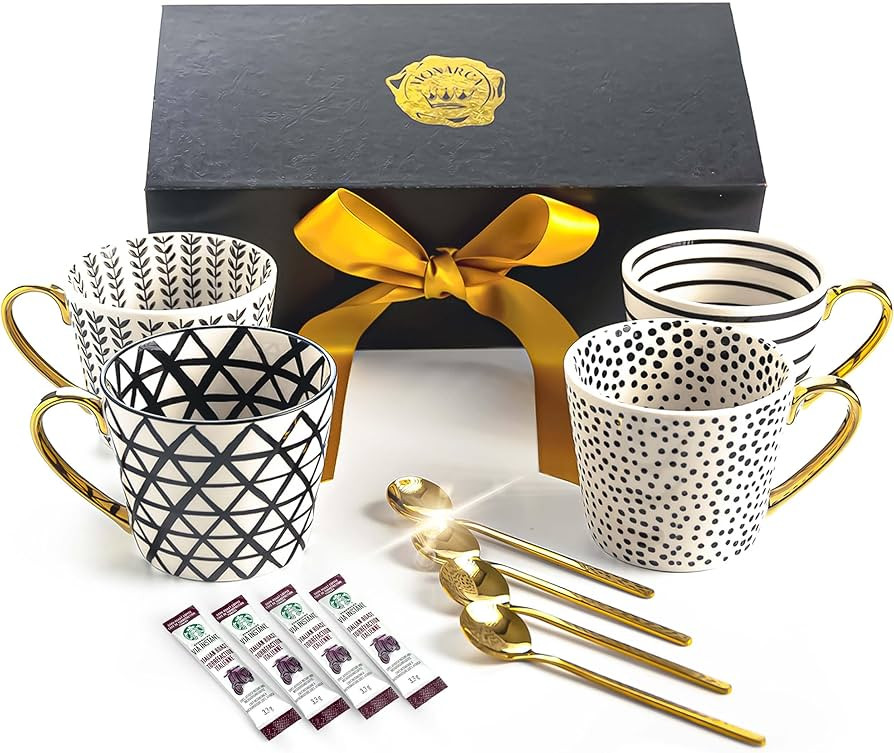 Set of 4 Mugs with Gold Tea Spoons, Ceramic with Real Gold Plated Handle, Aesthetic, Hand Painted... | Amazon (US)