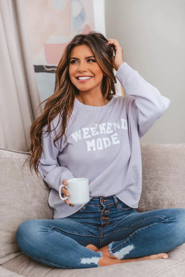 Weekend Mode Graphic Soft Lavender Sweatshirt | The Pink Lily Boutique
