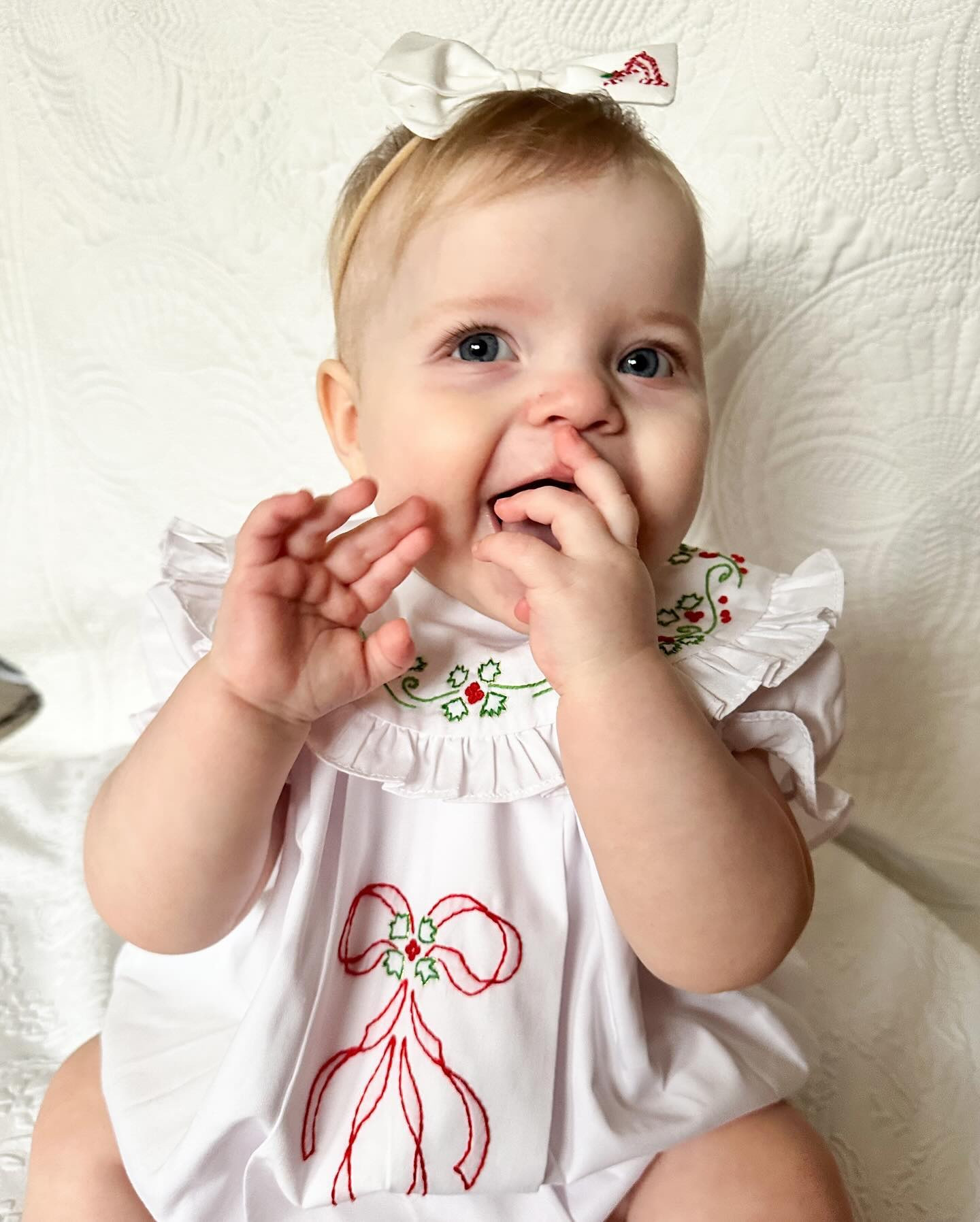 Addison’s #ootd • Merry Christmas to all, and to all a good night! This Christmas has looked so different than we imagined thanks to illness, but we’re making the best of it. Looking forward to celebrating with Caden sometime soon, and I hear this sweet girl might get a personal visit from Santa after Christmas! 

The first two pictures were from today, the rest were from her six months with @abigailhandystorytelling 🧑‍🎄 🎄 🎁 

Outfit @theproperpeony x @lynnburnett916 
Bow @monamouton