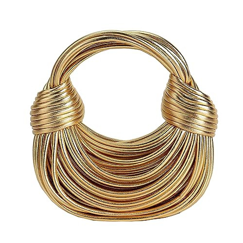 Women Hand-Woven Bread Purse and Handbag Leather Top Handle Satchel Shoulder Crossbody Creative Noodles Underarm Hobo Bag (Gold) | Amazon (US)