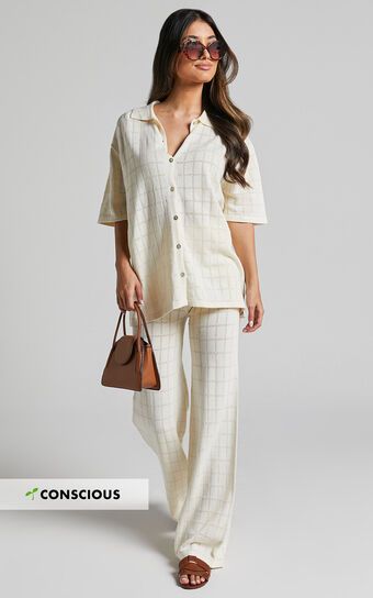 Tommy Two Piece Set - Knit Button Through Top and Pants Two Piece Set in Cream | Showpo (US, UK & Europe)