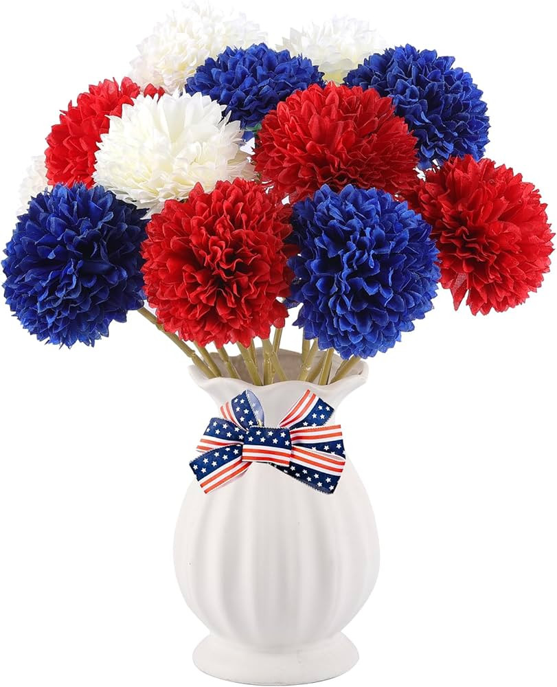 Rowfad 12 Pcs Artificial Chrysanthemums Flowers Patriotic Flowers 4th of July Fake Mums Flowers S... | Amazon (US)