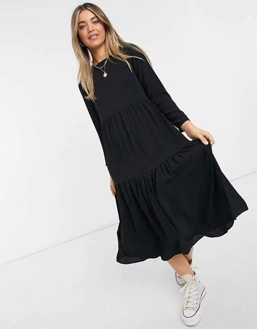 ASOS DESIGN long sleeve tiered smock midi dress in black | ASOS (Global)