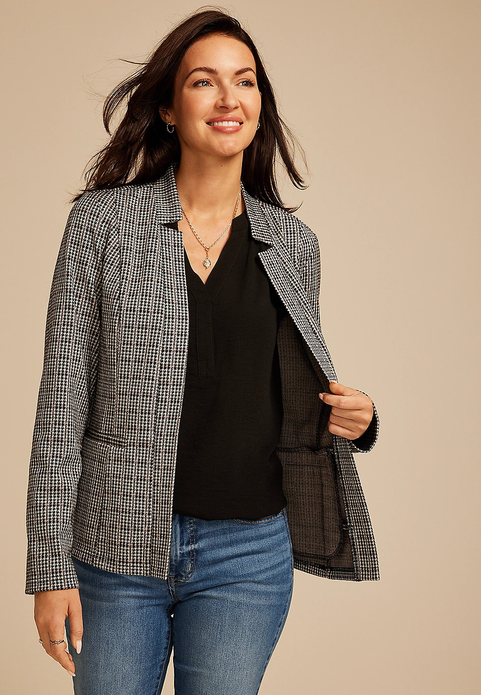 Houndstooth Plaid Ponte Knit Blazer | Maurices