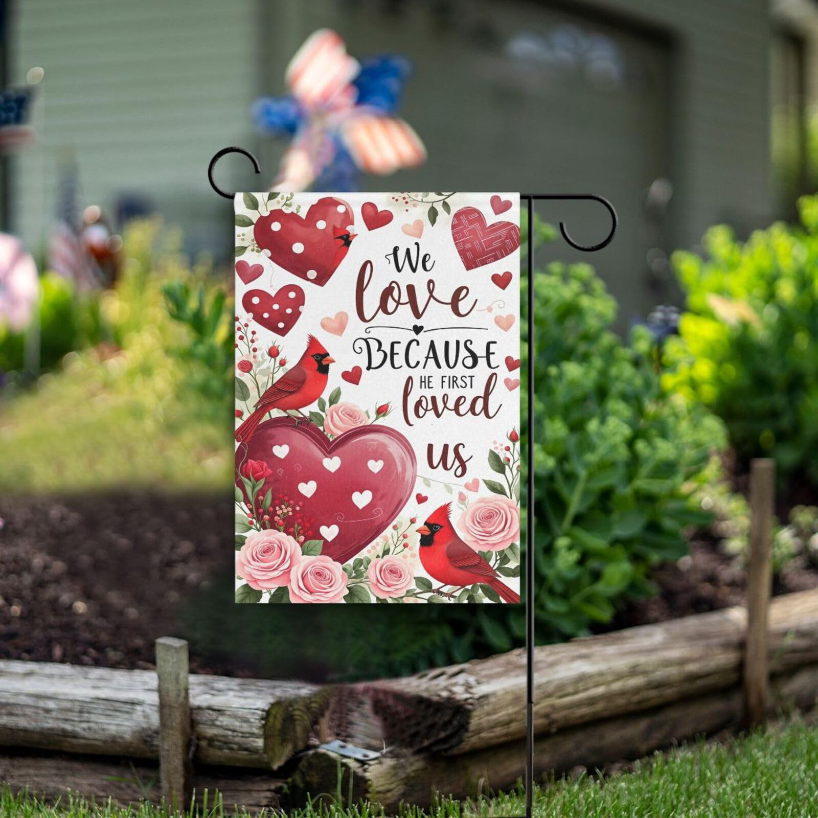 Pfrewn Valentine House Flag 28 x 40 Double Sided, Red Rose Floral Cardinal Garden Yard Flags Welc... | Amazon (US)