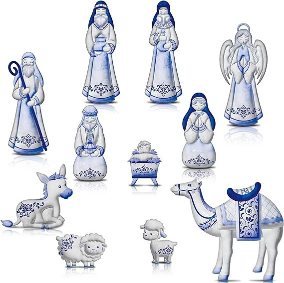 Kathfly 11 Pcs Blue and White Nativity Set Christmas Wooden Nativity Set Porcelain Figurines Nati... | Amazon (US)