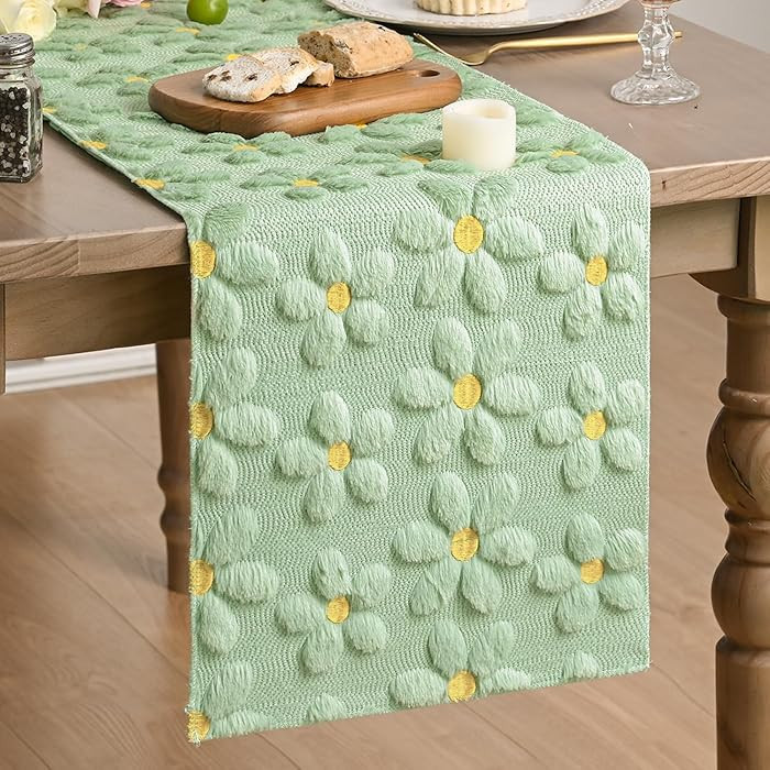 Artoid Mode Green Soft Plush Faux Fur Jacquard Embroidery Daisy Spring Table Runner, Kitchen Dini... | Amazon (US)