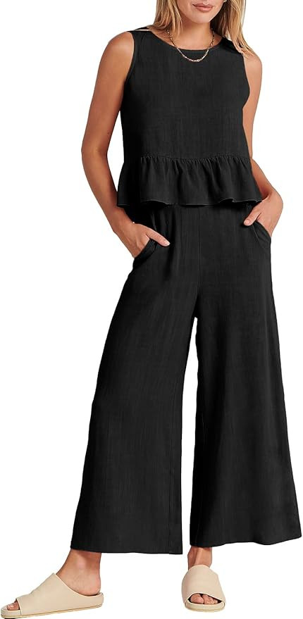 ANRABESS Women Summer 2 Piece Outfits Sleeveless Tank Crop Top Wide Leg Pants Linen Jumpsuits Lou... | Amazon (US)