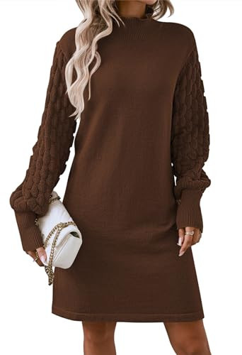 Pink Queen Mock Neck Sweater Dress Autumn Spring Trendy Puff Long Sleeve Cocktail Party Mini Short Dress for Ladies Going Out Chocolate L | Amazon (US)