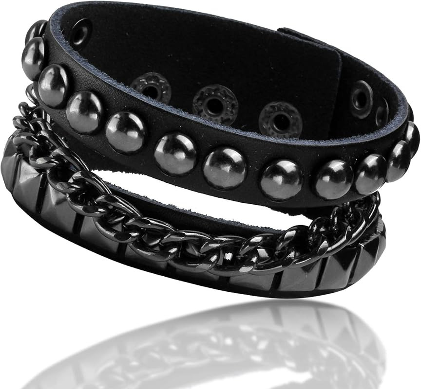 Punk Black Faux Leather Bracelet Vintage Adjustable Rivet Wristband for Men | Amazon (US)