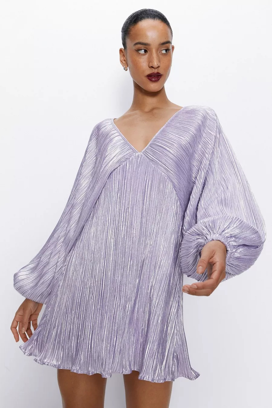 Metallic Pleated Balloon Sleeve Mini Dress | Nasty Gal (US)