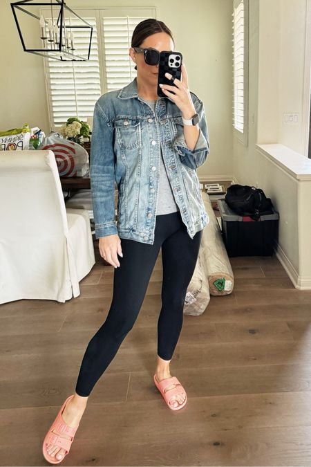 Comfy drop off outfit! Jean jacket is xxs and a wardrobe staple, target tank (small) and my fave leggings and sandals! 

#LTKxMadewell #LTKover40 #LTKSeasonal