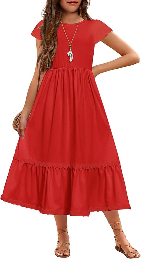 Arshiner Girls Summer Maxi Dresses Short Sleeve Casual Flowy Tiered Dress with Pockets for 4-14 Y... | Amazon (US)