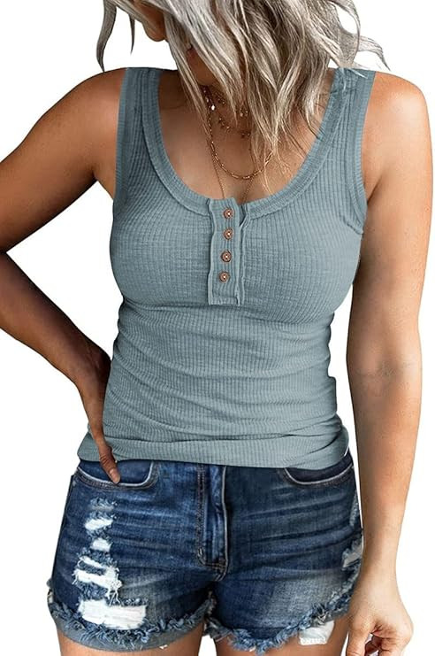 Kissfix Women Tank Tops Summer Casual Ribbed Sleeveless Basic Cami Top Slim Henley Button Down Bl... | Amazon (US)