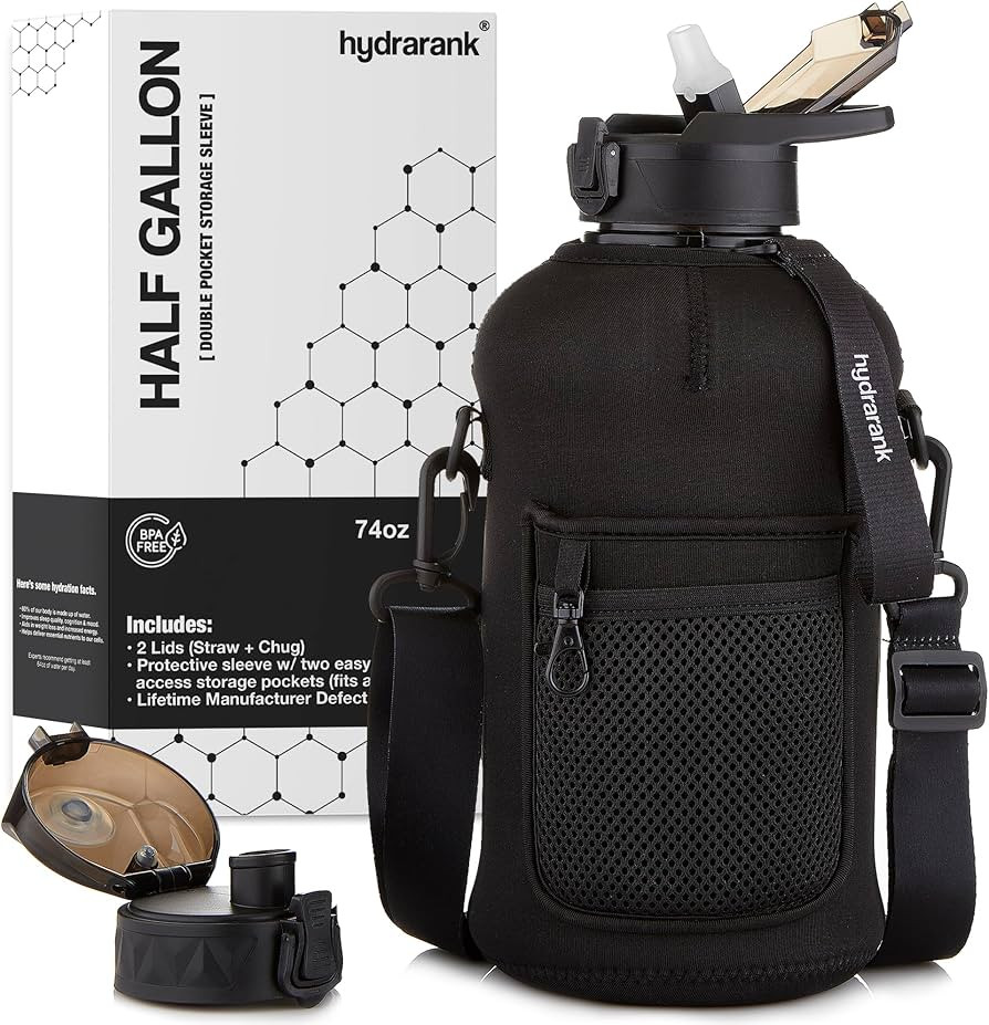 Half Gallon Water Bottle with Storage Sleeve and Straw Lid - BPA Free Large Gym Water Bottle with... | Amazon (US)