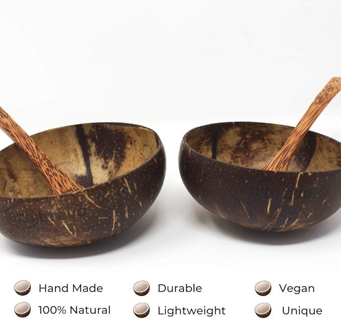 Eco Bravo Coconut Bowl Set of 2 (Natural) | Made from 100% Real Coconuts | Polished with 100% Org... | Amazon (UK)