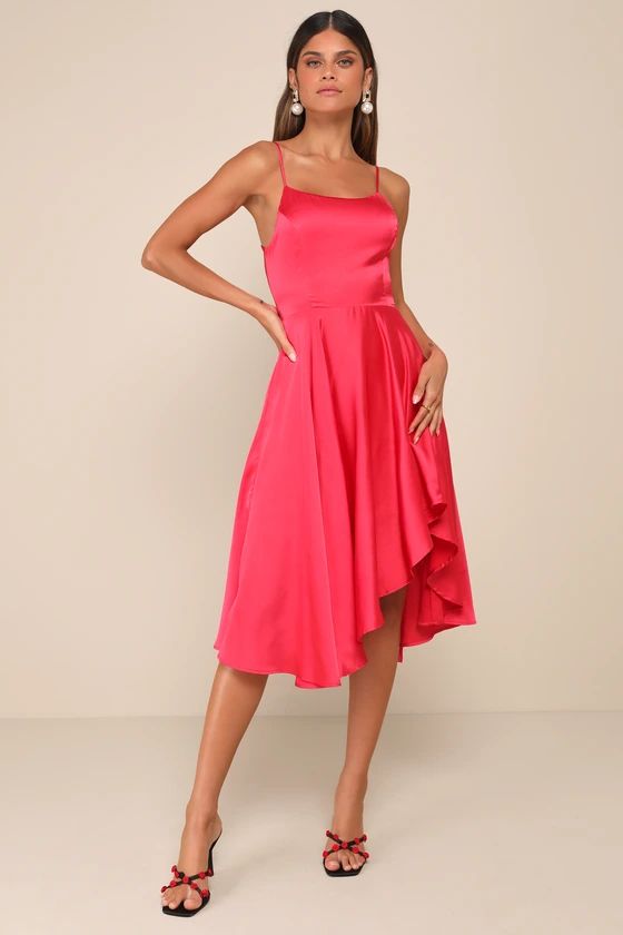 Magenta Satin Asymmetrical Tie-Back Midi Dress | Red Dress Outfit | Red Summer Dress | Lulus