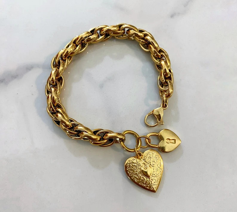 Hearts charm bracelet, chunky gold bracelet, gold statement bracelet, large retro style bracelet,... | Etsy (US)