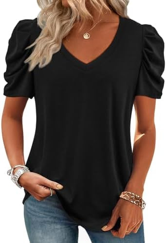 ATHMILE Womens Blouse Dressy Casual V Neck Puff Short Sleeve Tshirts Boho Fashion Summer Spring T... | Amazon (US)