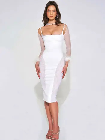 Oaklie Satin Mesh Sleeve Dress With Feathers | Nordstrom