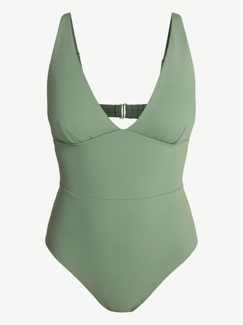 Time and Tru Women's and Women\u2019s Plus Ribbed Plunge One-Piece Swimsuit, Sizes XS-3X | Walmart (US)