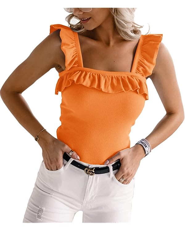 Womens Cute Sleeveless Tank Tops Ruffle Strap Square Neck Blouse Solid Color Knitted Camisole | Amazon (US)