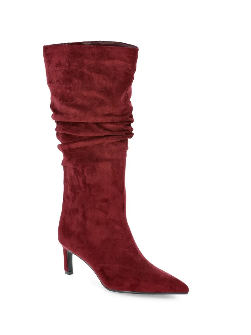 Time and Tru Women's Faux Suede Slouch Boots with Kitten Heels, Wide Width Available | Walmart (US)