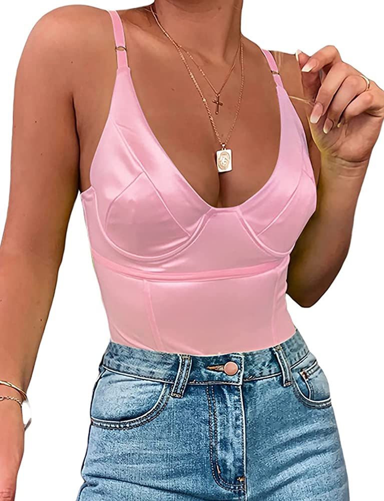 Dlsave Sexy Neon Corset Top for Women Deep V Neck Satin Bodysuit Going Out Tank Tops | Amazon (US)