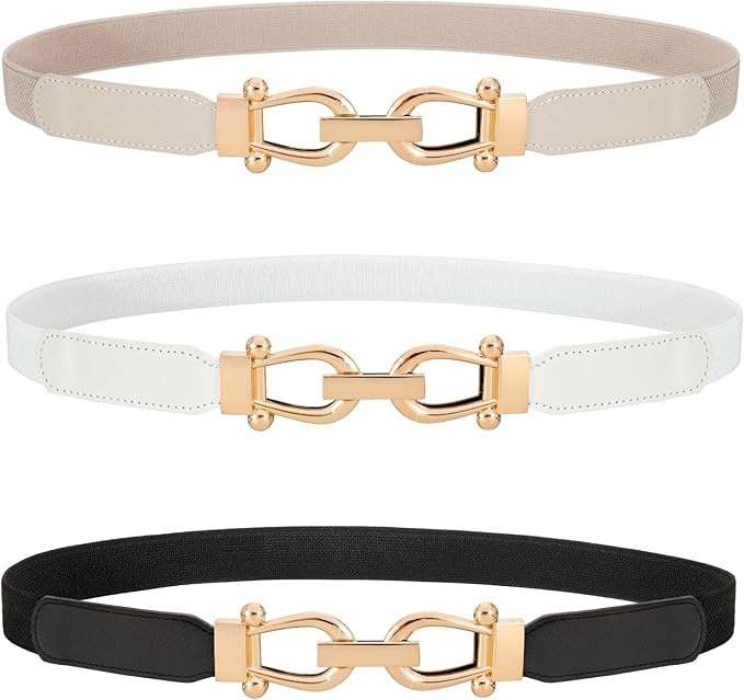 WERFORU 3 Pack Women Skinny Elastic Waist Belt Gold Buckle Stretchy Thin Belt for Jeans Dress | Amazon (US)