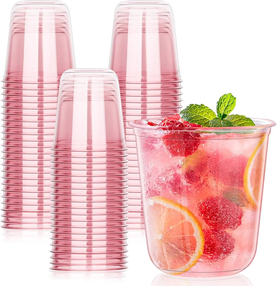 KesaPlan 50 Pcs Pink Plastic Cups, 12oz Disposable Stemless Wine Glasses for Cocktail Cute Clear ... | Amazon (US)