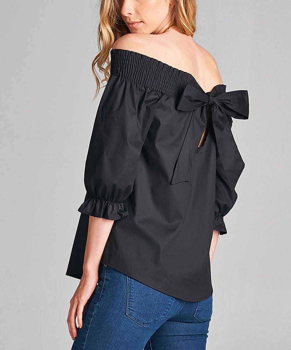 Hot From Hollywood Women's Blouses Black - Black Bow-Accent Off Shoulder Top - Women | Zulily