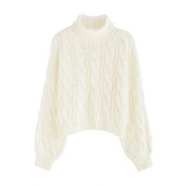 Turtleneck Braid Knit Crop Sweater in Cream | Chicwish