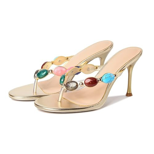DREAMSTORY Women's Gold Jeweled Thong Strappy Heels Sandals Comfortable Round toe High Heel Dressy Summer Sandals for Wedding Party Beach Flip Flops Slip On Casual Shoes Wear | Amazon (US)