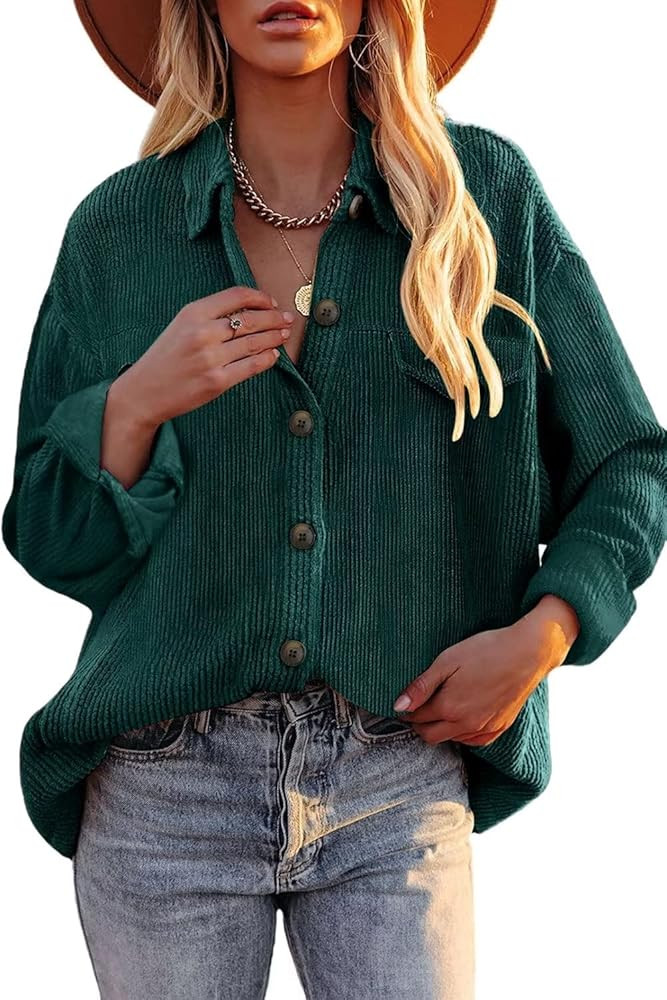 ZOLUCKY Womens Corduroy Button Down Shirts Casual Long Sleeve Shacket Jacket Boyfriend Blouses Tops | Amazon (US)