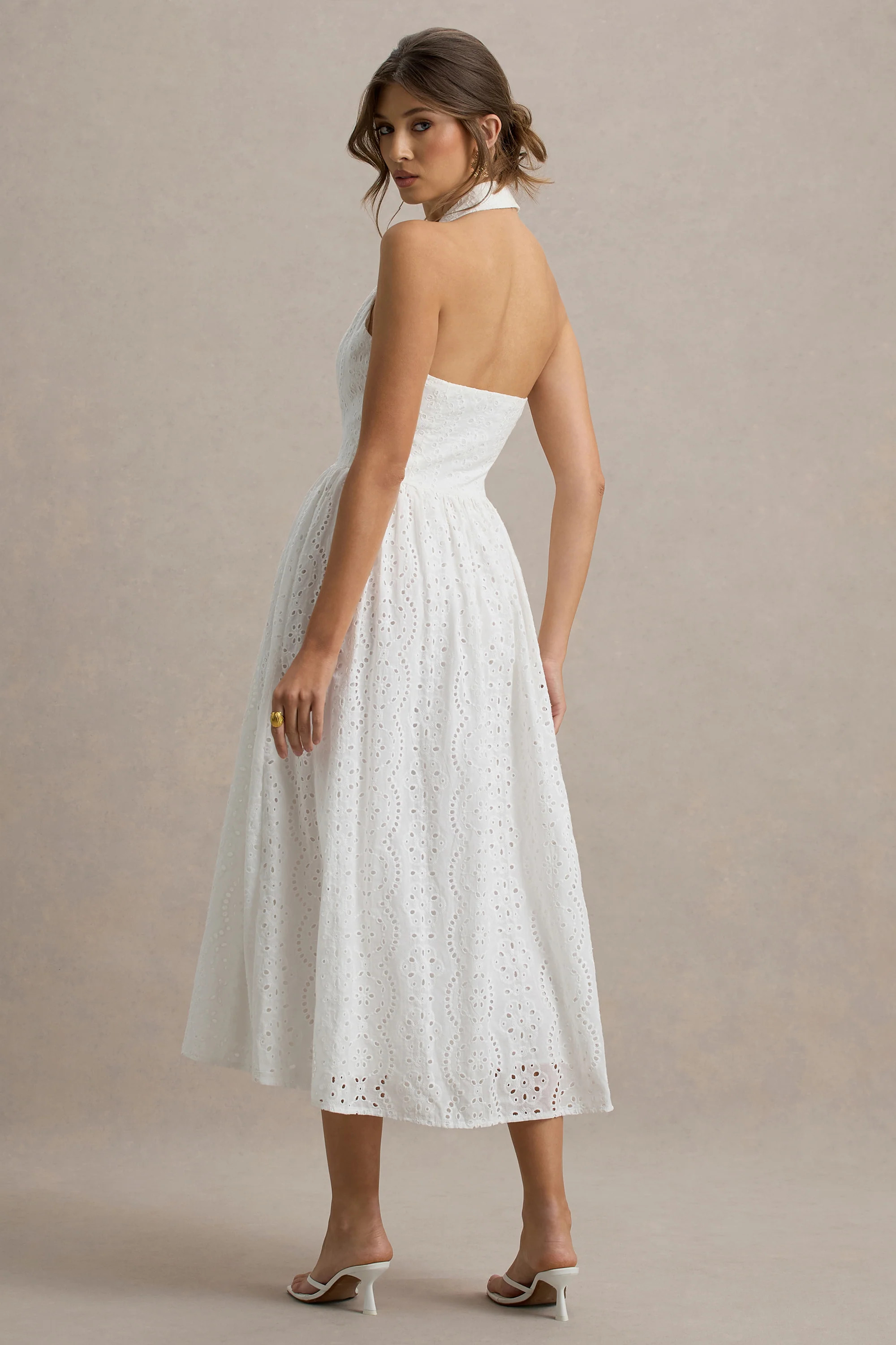 Jezebel | White Lace Plunge-Neck Collared Midi Dress | Club L London