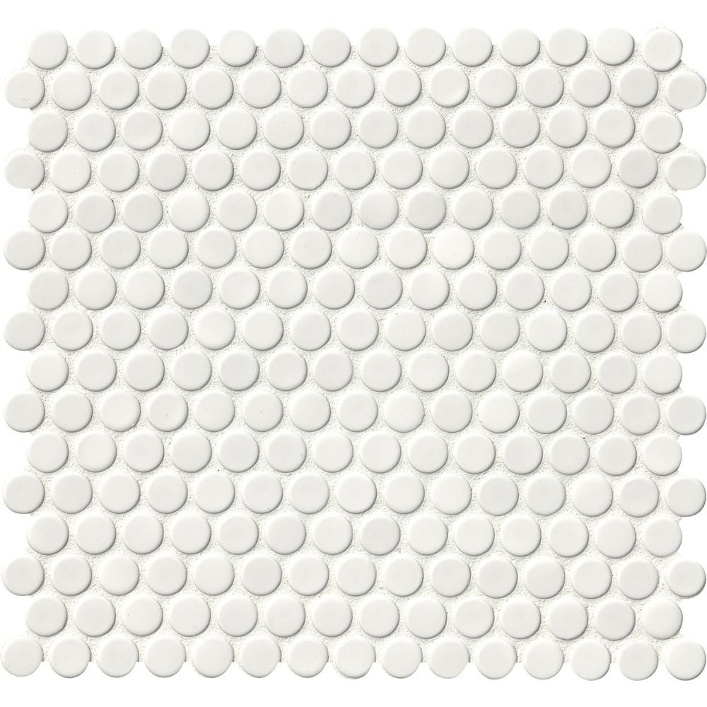 Penny Round Bianco 11.3 in. x 12.2 in. x 6mm Ceramic Mesh-Mounted Mosaic Tile (0.96 sq. ft.) | The Home Depot