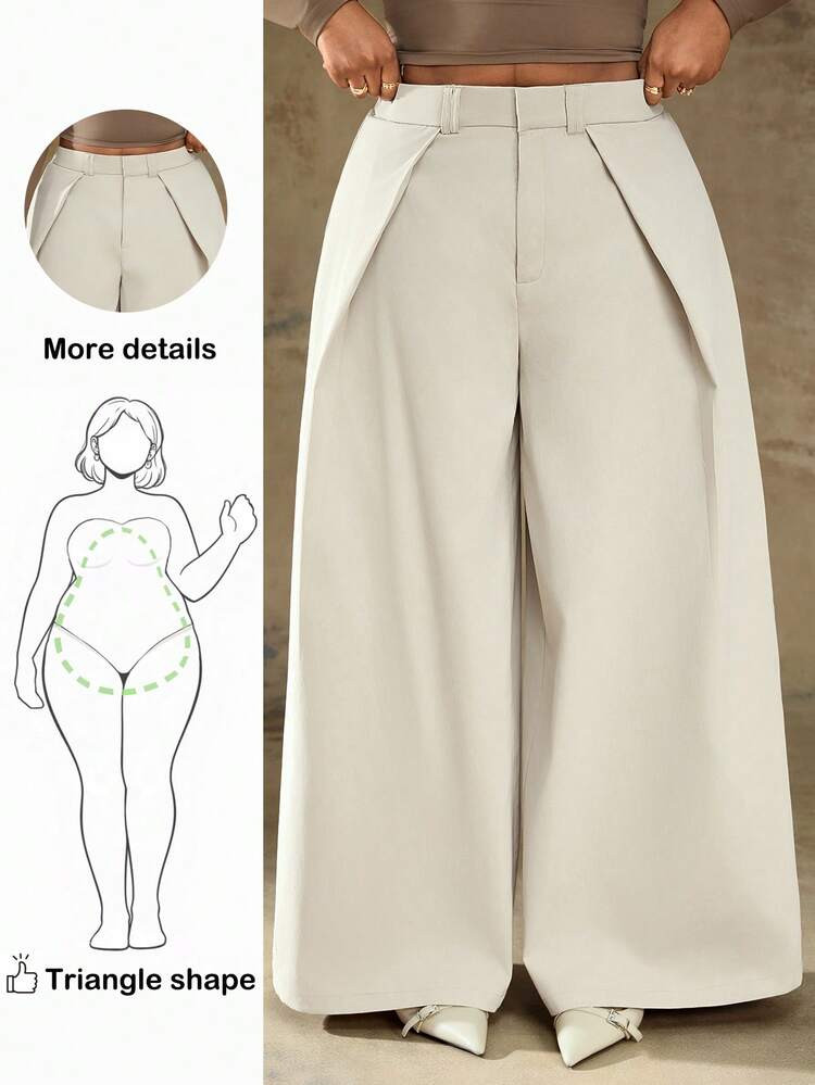 Truni Plus Size Women's Solid Color Pleated Casual Loose Wide Leg Pants High Waist Pants, For Pear Triangle Body Shape/2026 /New Year | SHEIN