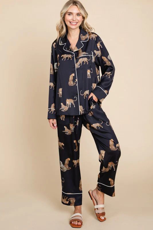 Black Satin Animal Print Pajama Set | PinkBlush Maternity