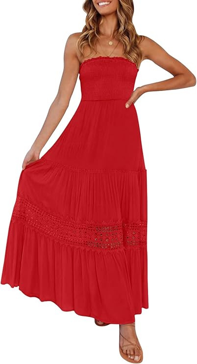 ZESICA Women's 2024 Summer Bohemian Strapless Off Shoulder Lace Trim Backless Flowy A Line Beach ... | Amazon (US)