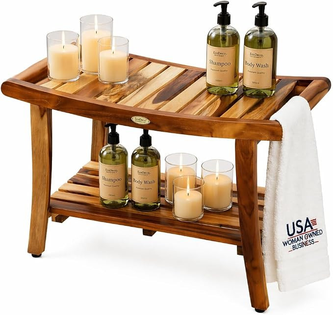 EcoDecors Harmony 30-Inch Teak Shower Bench with Shelf, Natural | Amazon (US)