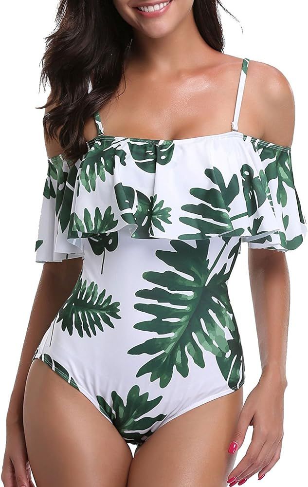 Women One Piece Bathing Suit Printed Shoulder Straps Ruched Swimwear Bikini Swimsuits | Amazon (US)