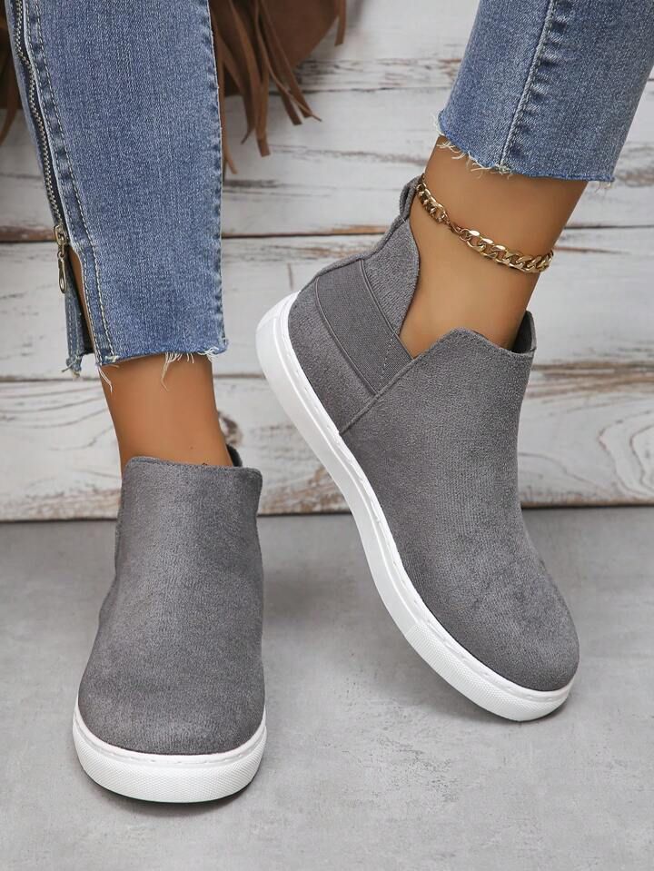 Women'S New Style Casual Flat High Top One Foot Slip Gray Short Boots For Outdoor In Autumn And W... | SHEIN