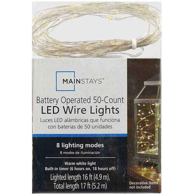Mainstays Battery-Operated Indoor 50-Count LED Warm White Wire Lights, with 8 Lighting Modes | Walmart (US)